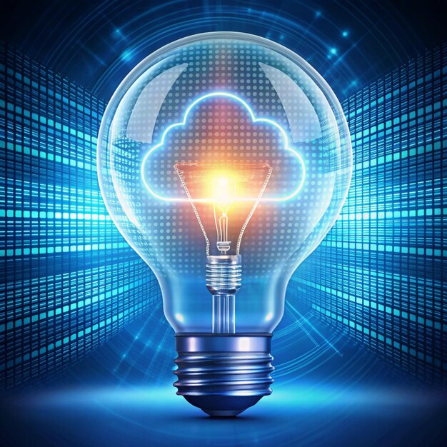 image of light bulb neon circle and binary coding data processing global cloud computing digital interface and data processing concept digitally generated image