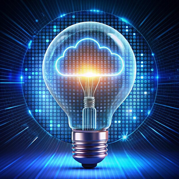 image of light bulb neon circle and binary coding data processing global cloud computing digital interface and data processing concept digitally generated image