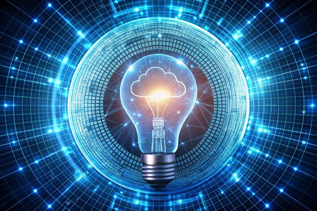 image of light bulb neon circle and binary coding data processing global cloud computing digital interface and data processing concept digitally generated image