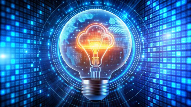 image of light bulb neon circle and binary coding data processing global cloud computing digital interface and data processing concept digitally generated image
