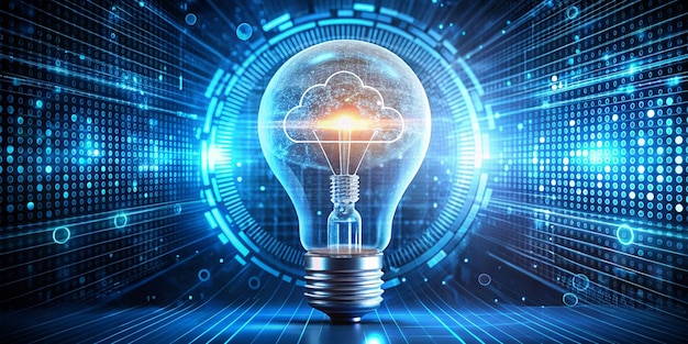image of light bulb neon circle and binary coding data processing global cloud computing digital interface and data processing concept digitally generated image
