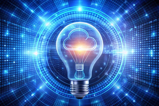 image of light bulb neon circle and binary coding data processing global cloud computing digital interface and data processing concept digitally generated image