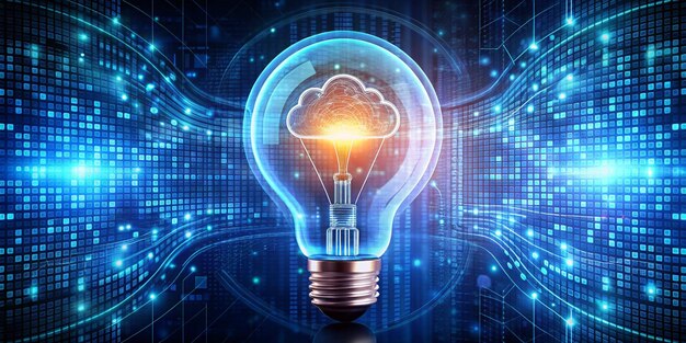 image of light bulb neon circle and binary coding data processing global cloud computing digital interface and data processing concept digitally generated image