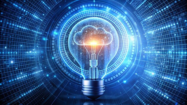 image of light bulb neon circle and binary coding data processing global cloud computing digital interface and data processing concept digitally generated image