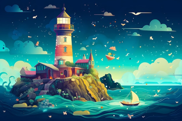 Image of lighthouse and boat in the ocean with sky background Generative AI
