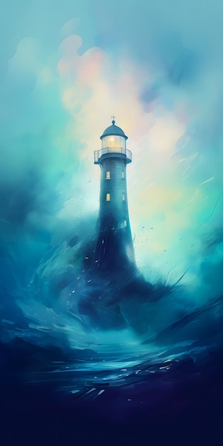 空を背景に海の真ん中にある灯台のイメージ 生成 AI