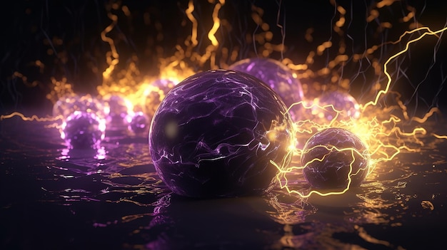 Изображение молний, образующих шар, сверкающий фиолетовыми и желтыми вспышками Генеративный ИИ