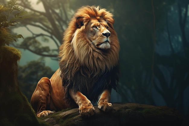 Изображение льва в лесу Животные дикой природы Генеративный искусственный интеллект Иллюстрация