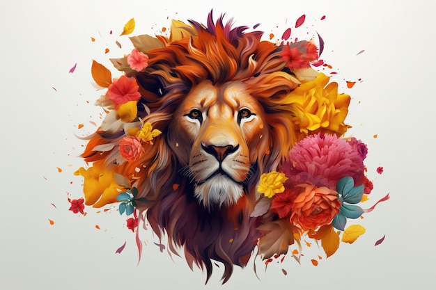 Image of a lion surrounded by colorful tropical flowers Wildlife Animals Illustration Generative AI
