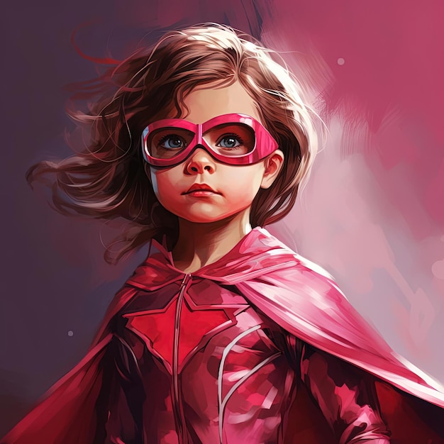 ロマンチックなイラストのスタイルでスーパーヒーローに扮した小さな女の子のイメージ