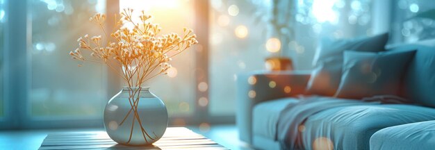 Photo an image of a living room with a couch and a vase