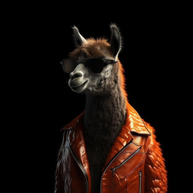 Image of a llama wore a leather jacket and wore sunglasses on clean background Wildlife Animals Illustration Generative AI