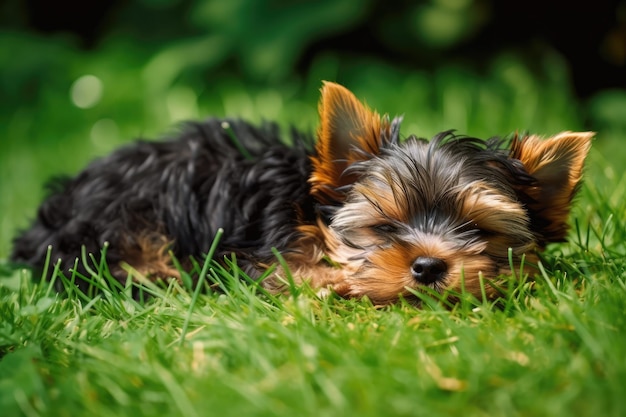 緑の芝生で寝ている素敵なヨーキーの子犬の画像