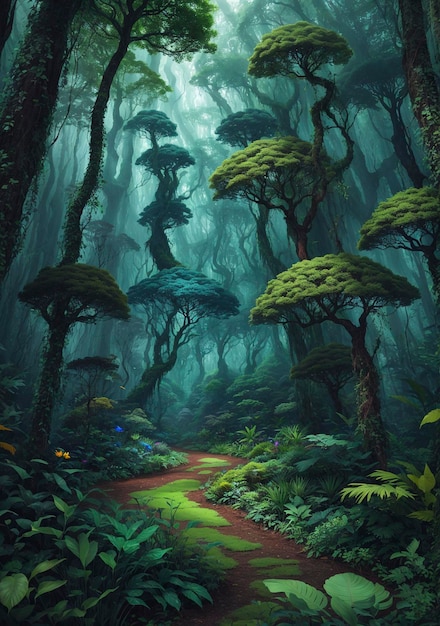 An image of a lush mysterious forest with vibrant otherworldly flora and fauna