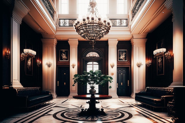 An image of a luxurious and spacious office lobby with marble flooring