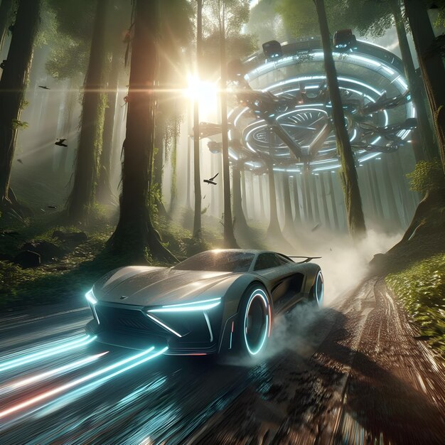 Photo image of a luxury car speeding through a dense forest flare