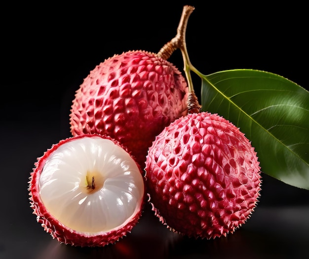 Image of lychee cut in half on dark background