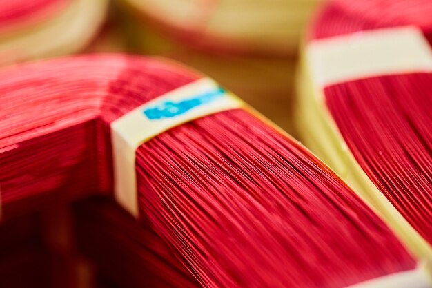 Image of Macro detail of tiny red metal wire bundles