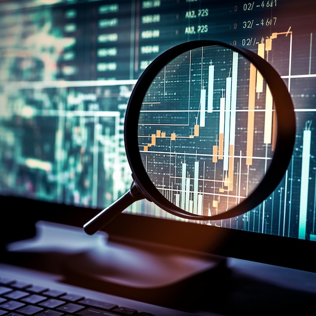 Image of a Magnifying Glass Zooming in on Financial Data Displayed on a Computer Screen for Representing the Idea of Financial Analysis and Scrutiny