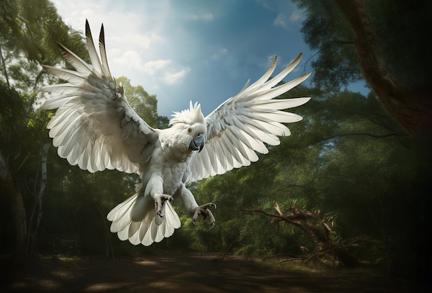 Photo image of a majestic cockatoo flying in the forest bird wildlife animals generative ai illustration