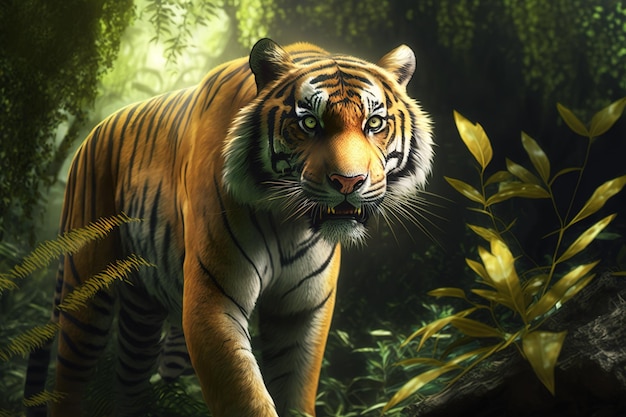 숲 한가운데 서 있는 위엄 있는 호랑이의 이미지 야생 동물 일러스트레이션 생성 AI