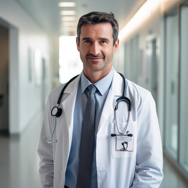 Image of a male doctor in clinic a slightly smiling