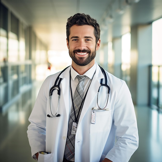 Image of a male doctor in clinic a slightly smiling