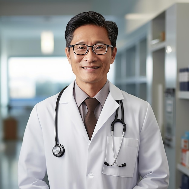 Image of a male doctor in clinic a slightly smiling