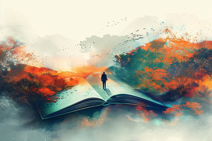 Photo image of male strolling on an unreal novel abstract journey idea