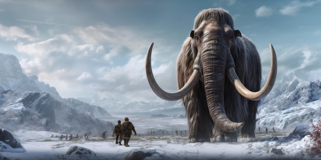 Image of mammoth in snow mountains area generative AI