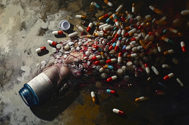 Photo an image of a man casually laying on the ground while pills are scattered around him in a disorderly manner an artwork showing the physical dependency caused by opioids ai generated