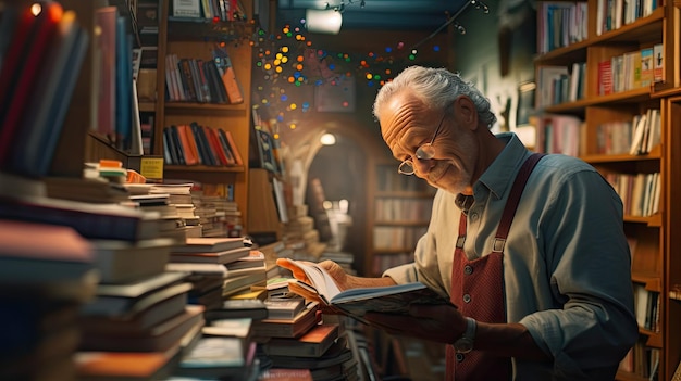 Изображение человека, увлечённого чтением книги среди рядов книжных полок в библиотеке, где отмечается Всемирный день книги