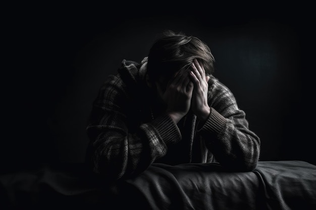 Image Of Man Sitting On Bed With His Head Down And Hands Covering His Face Appearing To Be In Despair Or Depression Generative AI