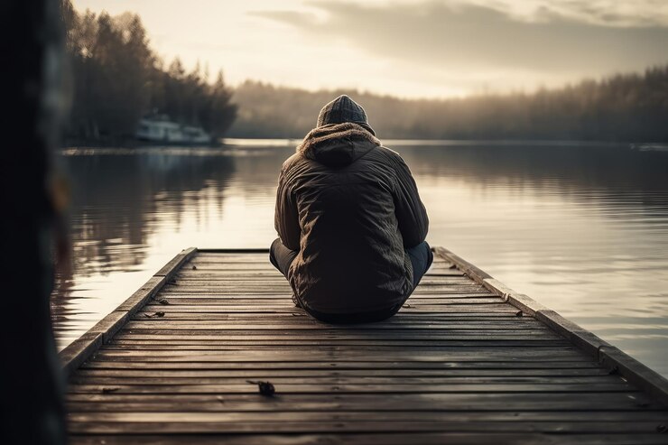 Photo image of man sitting on dock by the water with his head down and hands covering his face appearing to be reflective or contemplative generative ai