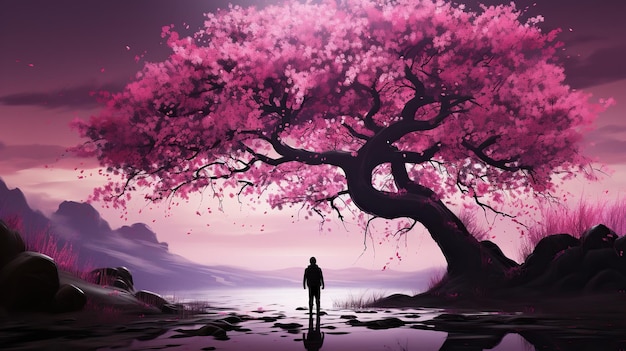 an image of a man standing in the shadow of a pink tree on a lake