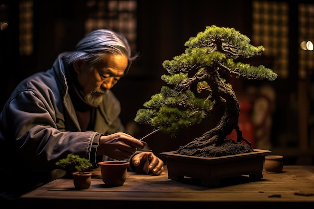 Изображение человека, заботящегося о своем бонсай Концепция японского искусства с деревьями Фотография, созданная с помощью ИИ