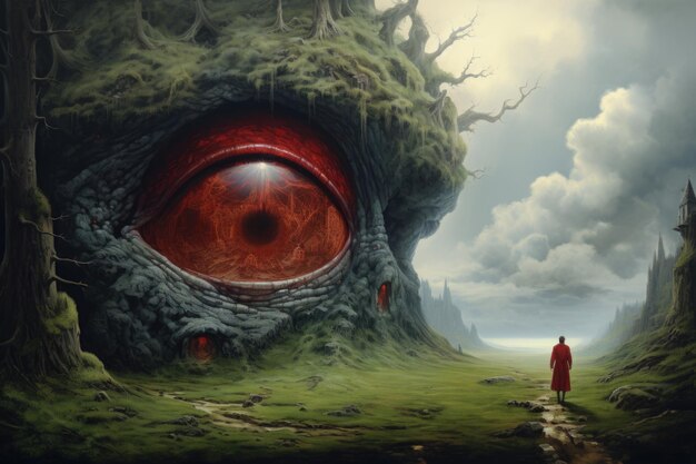 Image of a man walking next to a fantastic cave with a dragon39s eye