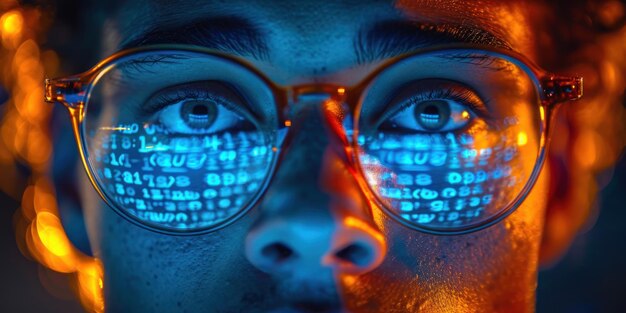 Photo image man wearing glass reflecting of computer programming code