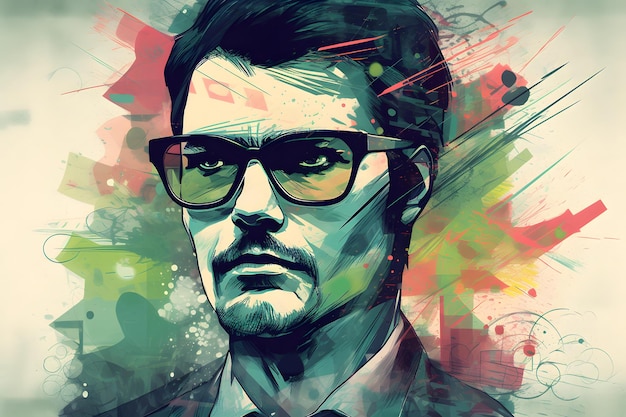 Image of man wearing glasses and suit with colorful paint splatters Generative AI