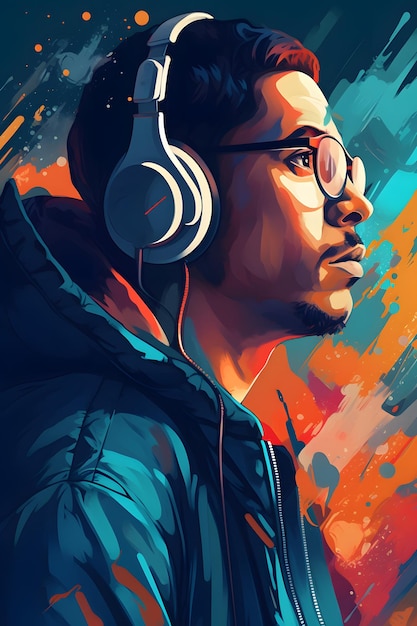 Image of man wearing headphones and looking off to the side Generative AI