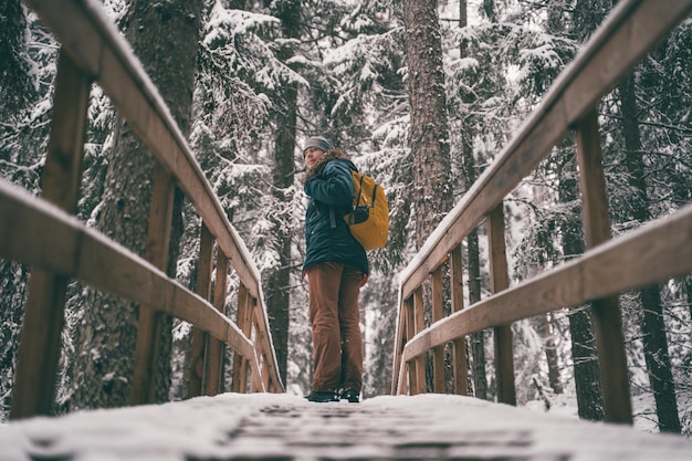 Image of man in winter forest on wooden bridge