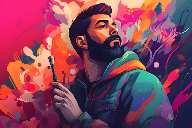 Image of man with beard holding paintbrush in his hand Generative AI