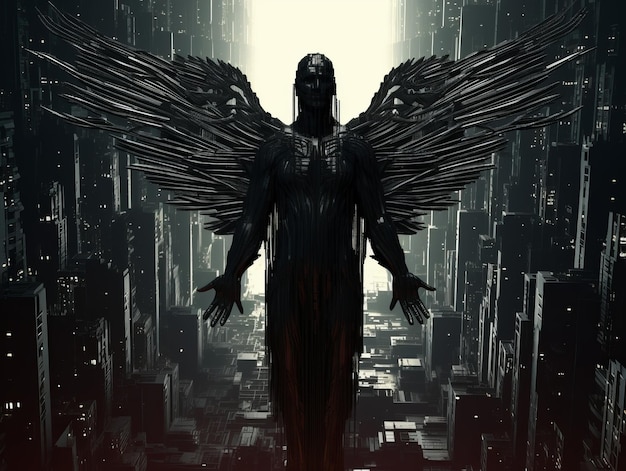 изображение человека с крыльями, стоящего посреди города