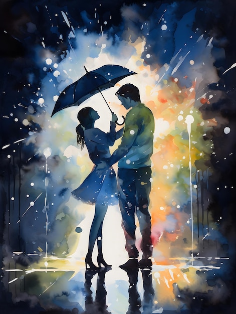 Image of man and woman under umbrella in the rain generative ai