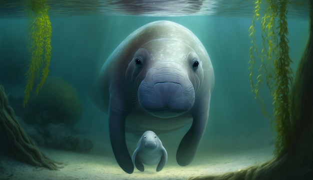 An image of a manatee and a baby calf.