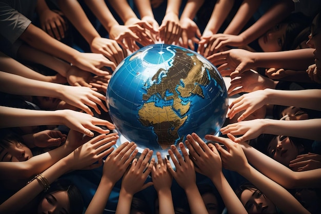 Foto immagine di molte mani che tengono insieme un globo con l'occasione della giornata dei diritti umani
