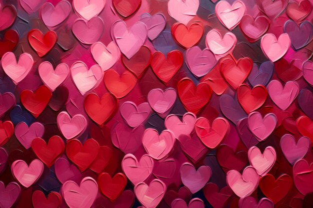 Image of many hearts in pink and red colors with black background Generative AI