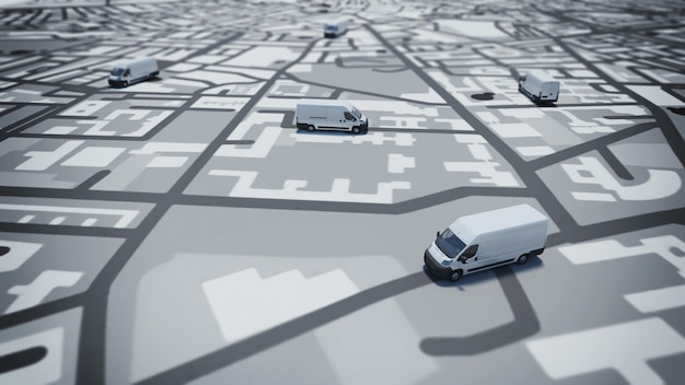 Photo image of map of streets with trucks