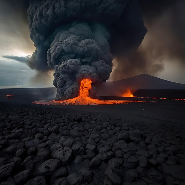 In the image of a massive volcanic eruption billowing clouds gnearated by AI