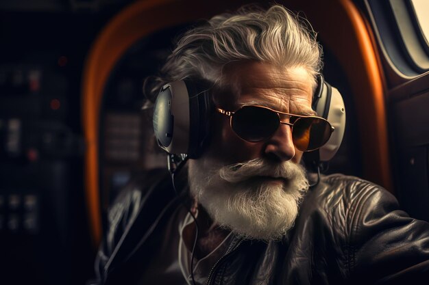 Photo image of mature senior in airplane